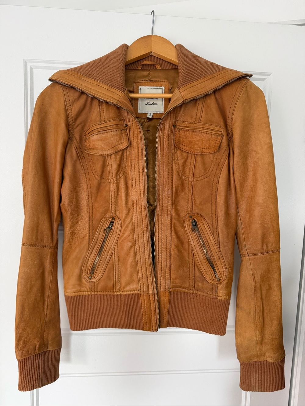 Bershka Women's Cognac Brown Leather Bomber Jacket